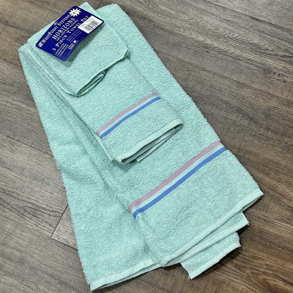 3 Pc Vintage 1990s Westpoint Stevens Horizons Towel Set Aqua Pink Stripe NEW